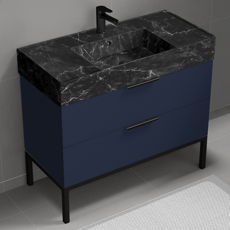 Nameeks DERIN900 40 Inch Bathroom Vanity With Black Marble Design Sink, Floor Standing, Modern, Night Blue